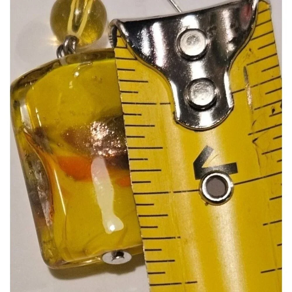 2 Vintage Earrings Hand Blown Art Glass Chunky Dangle With Hook Yellow‎ & Green
